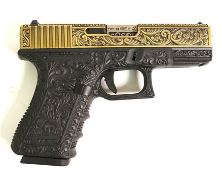 Страйкбольный пистолет WE Glock-19 Gen.3 Bronze, с гравировкой WE-G003BOX-FP