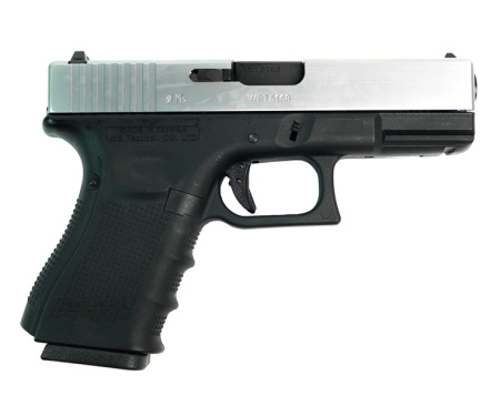 Страйкбольный пистолет WE Glock-19 Gen.4 Silver, сменные накладки WE-G003B-SV
