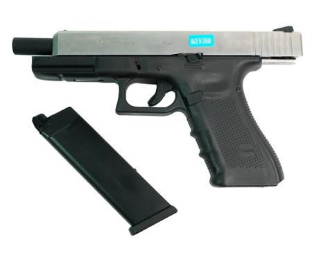 Страйкбольный пистолет WE Glock-34 Gen.4 Silver, сменные накладки WE-G008B-SV