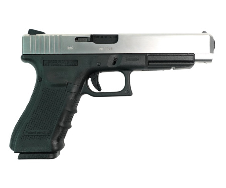 Страйкбольный пистолет WE Glock-34 Gen.4 Silver, сменные накладки WE-G008B-SV