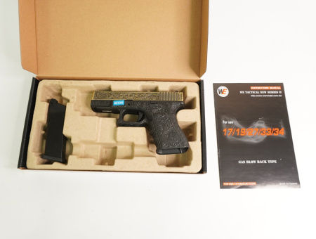 Страйкбольный пистолет WE Glock-19 Gen.3 Bronze, с гравировкой WE-G003BOX-FP