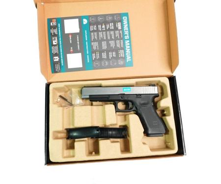 Страйкбольный пистолет WE Glock-34 Gen.4 Silver, сменные накладки WE-G008B-SV
