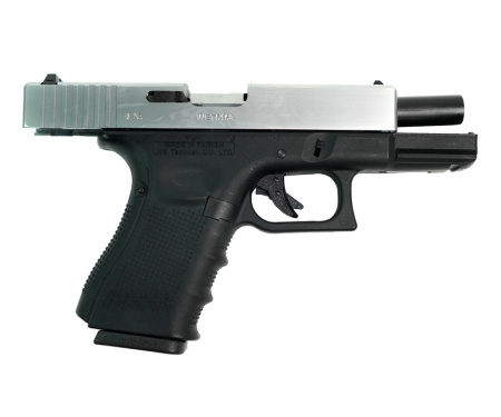 Страйкбольный пистолет WE Glock-19 Gen.4 Silver, сменные накладки WE-G003B-SV