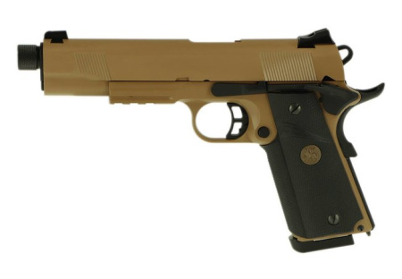 Страйкбольный пистолет KJW COLT M1911 M.E.U. GBB, GAS, TAN, металл, резьба на стволе - KP-07-TBC.GAS TAN