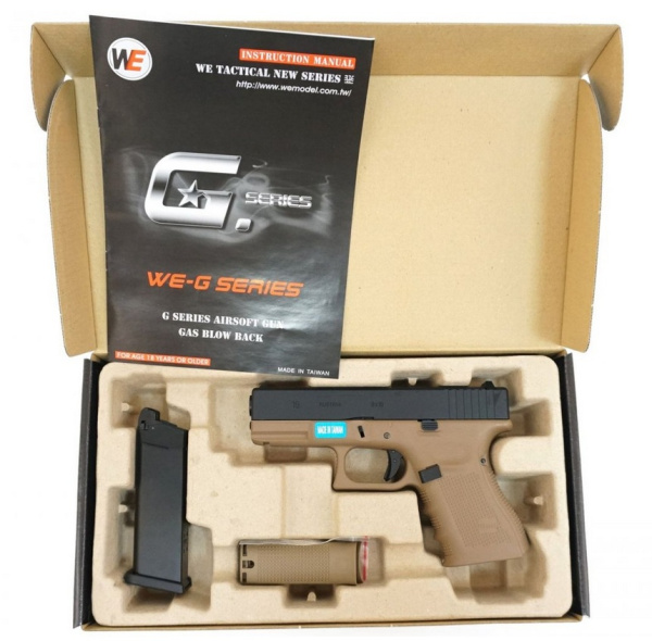 Страйкбольный пистолет WE GLOCK-19 gen.4, металл слайд, сменные накладки, WE-G003B-TAN