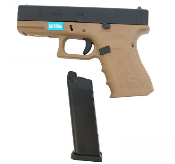 Страйкбольный пистолет WE GLOCK-19 gen.4, металл слайд, сменные накладки, WE-G003B-TAN