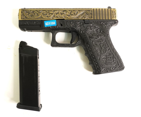 Страйкбольный пистолет WE Glock-19 Gen.3 Bronze, с гравировкой WE-G003BOX-FP